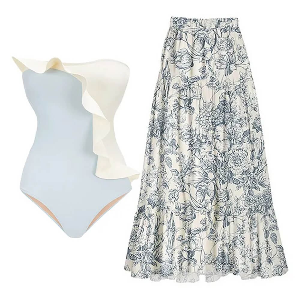 Flowy Ruffle Bandeau One-Piece Swimsuit with Cover-Up - On sale