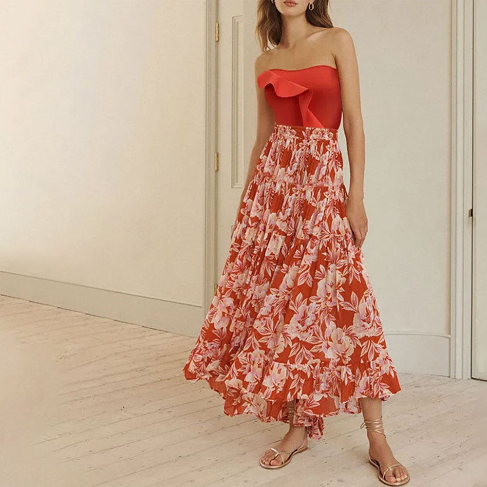 Flowy Ruffle Bandeau One-Piece Swimsuit with Cover-Up - Red / S On sale