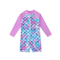 Light purple girls mermaid one-piece swim suit with long sleeves and scale print
