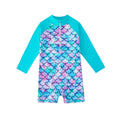 Sky blue girls mermaid one-piece swim suit with long sleeves and scale print