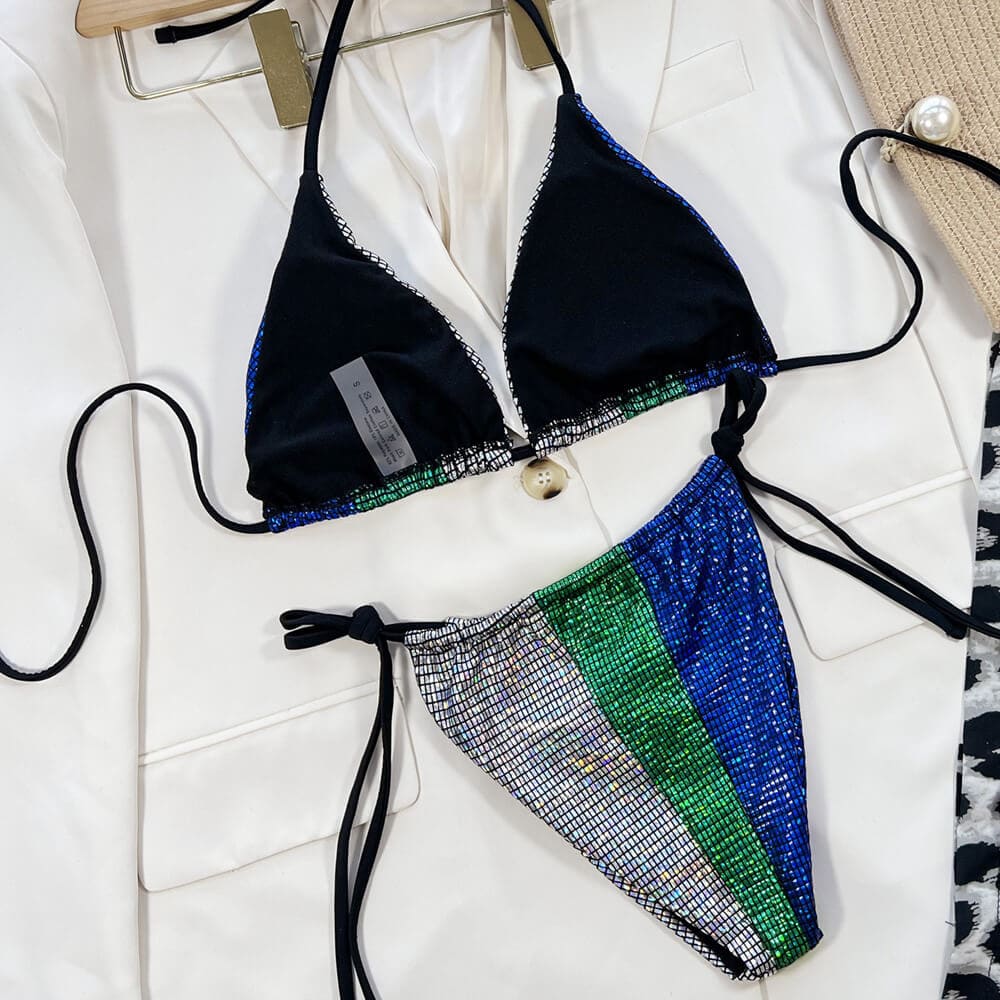Glitter Gingham Slide Triangle Brazilian Bikini Swimsuit - On sale