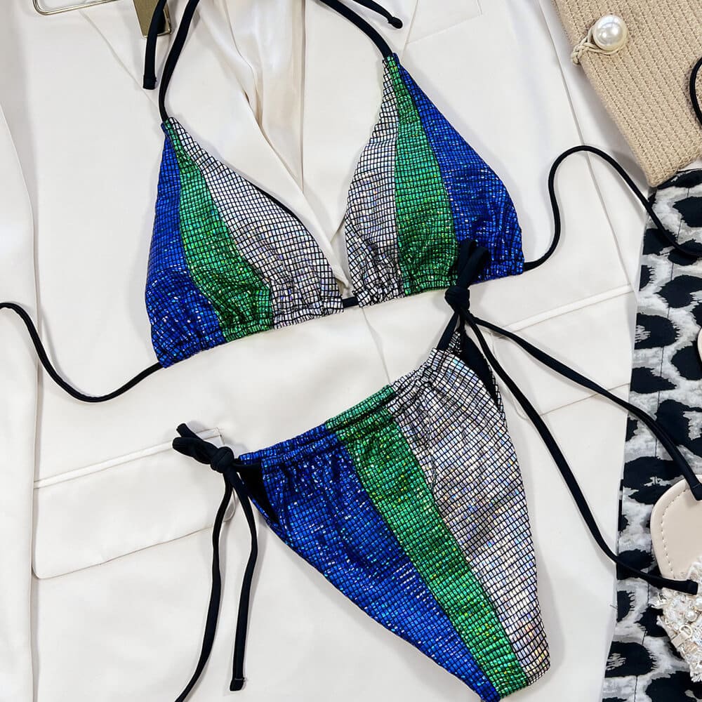 Glitter Gingham Slide Triangle Brazilian Bikini Swimsuit - On sale