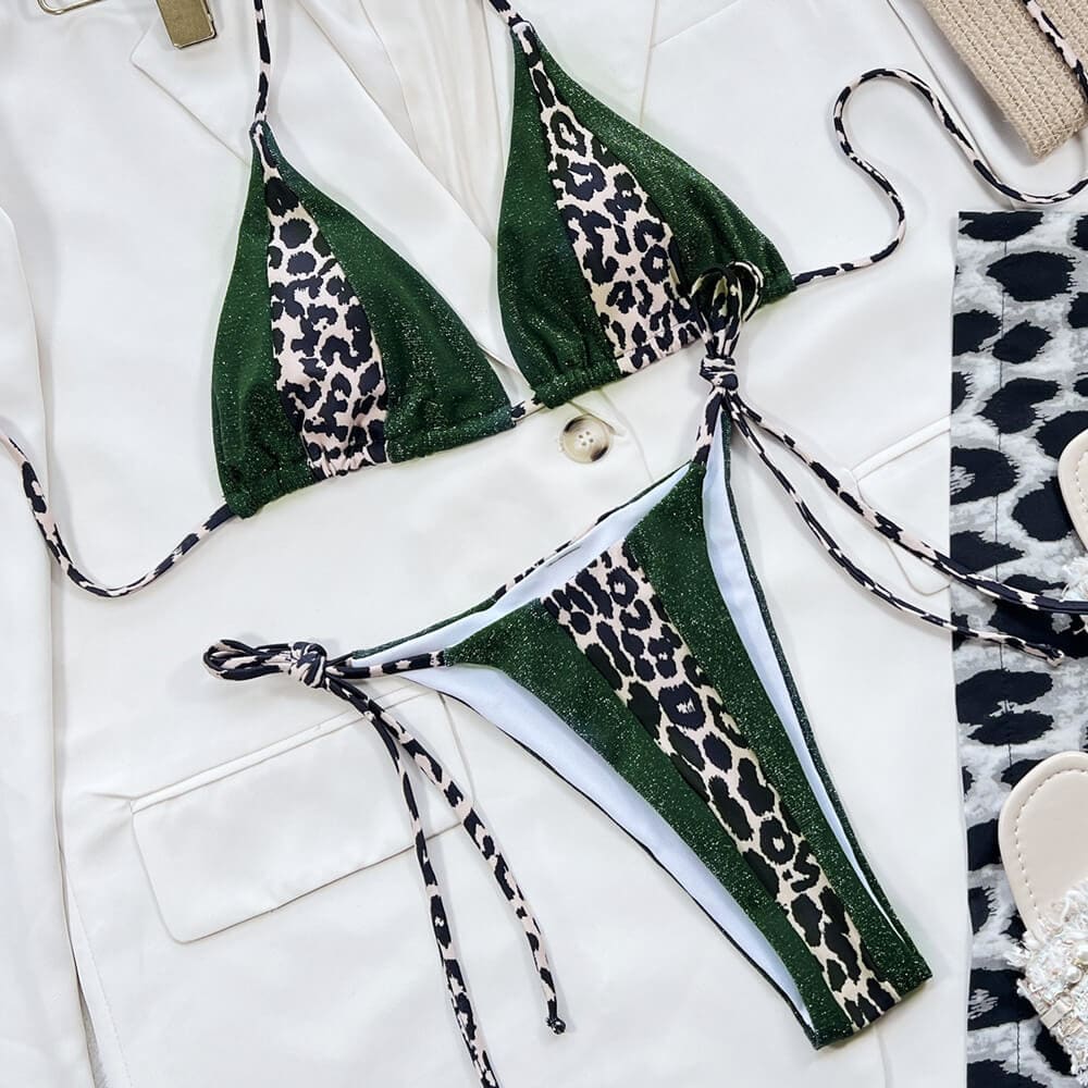 Glitter Leopard Tie String Triangle Brazilian Bikini - On sale