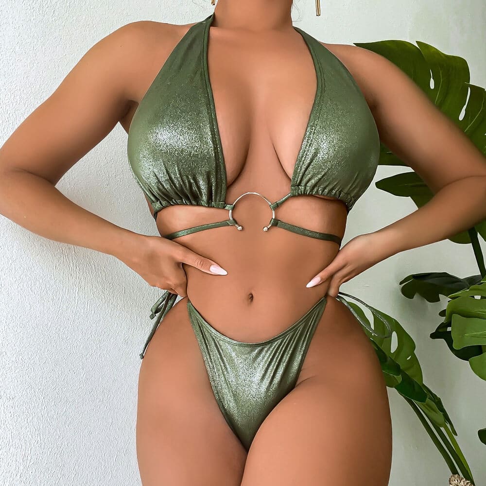 Glitter O Ring Wrap around Triangle Brazilian Bikini - Army Green / S On sale