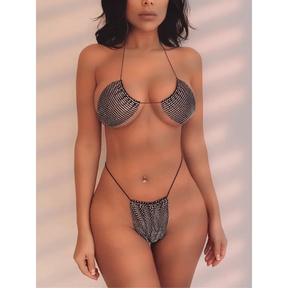 Glitter Rhinestone See-Through Micro Bikini Set | Sexy Thong Swimwear - On sale