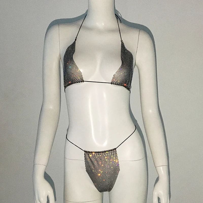 Glitter Rhinestone See-Through Micro Bikini Set | Sexy Thong Swimwear - Black AB