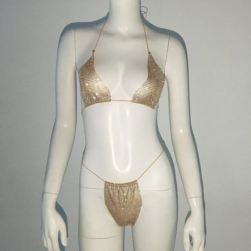 Glitter Rhinestone See-Through Micro Bikini Set | Sexy Thong Swimwear - Gold / One Size