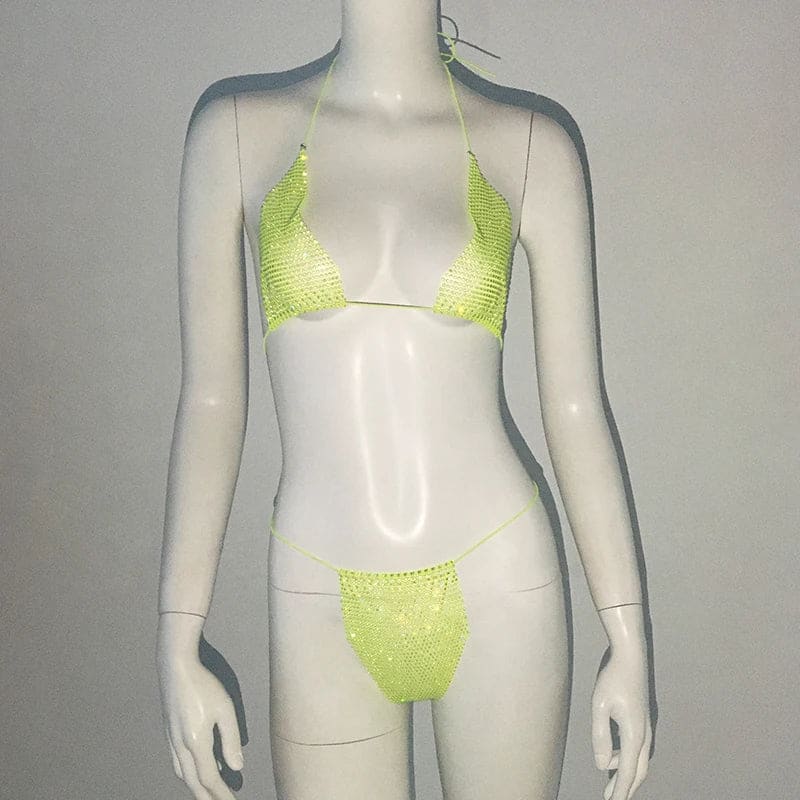 Glitter Rhinestone See-Through Micro Bikini Set | Sexy Thong Swimwear - Green / One Size