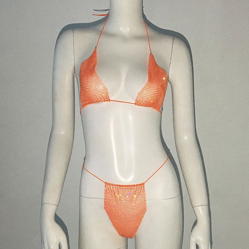 Glitter Rhinestone See-Through Micro Bikini Set | Sexy Thong Swimwear - Orange / One Size
