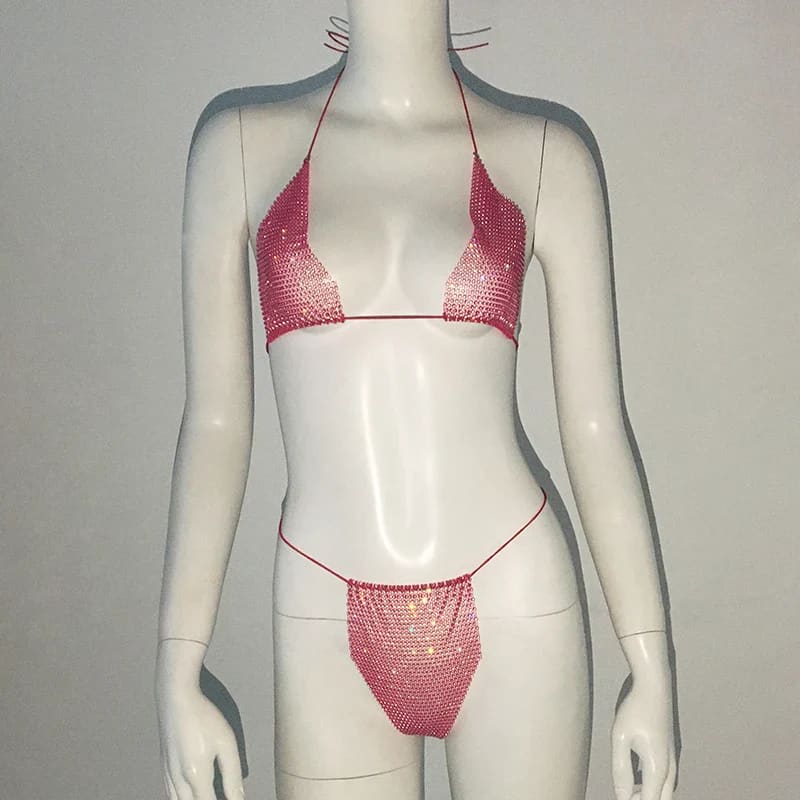 Glitter Rhinestone See-Through Micro Bikini Set | Sexy Thong Swimwear - Rose Red