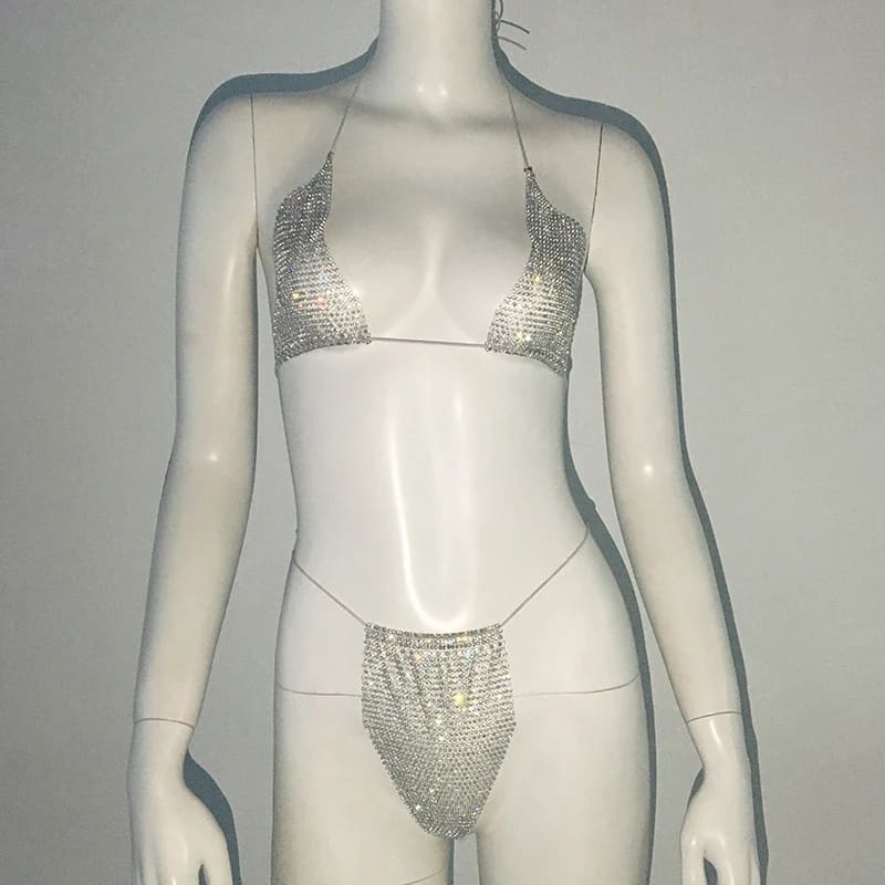 Glitter Rhinestone See-Through Micro Bikini Set | Sexy Thong Swimwear - Silver / One Size