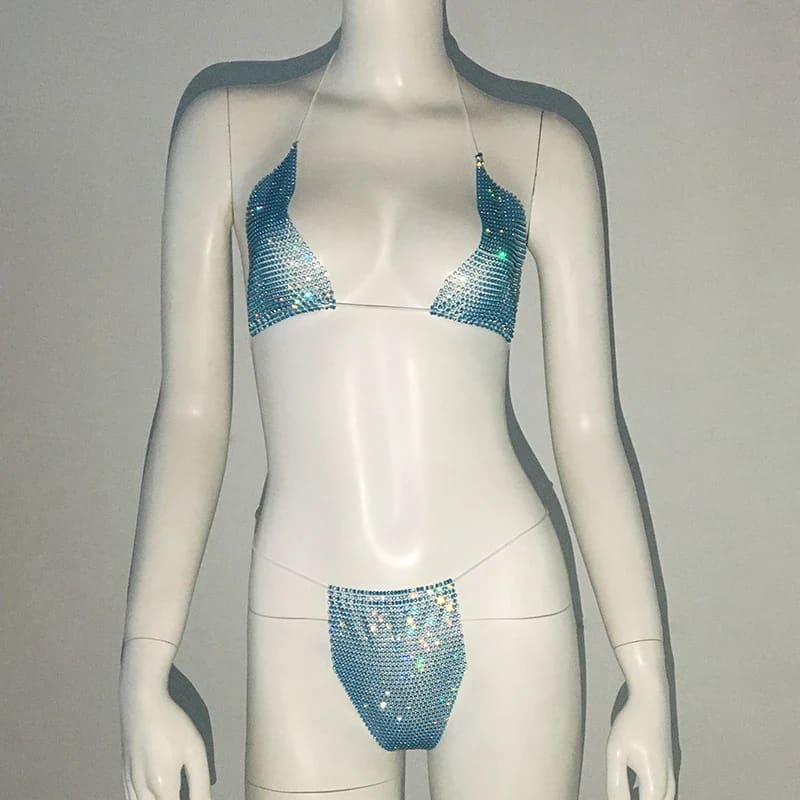 Glitter Rhinestone See-Through Micro Bikini Set | Sexy Thong Swimwear - Sky Blue