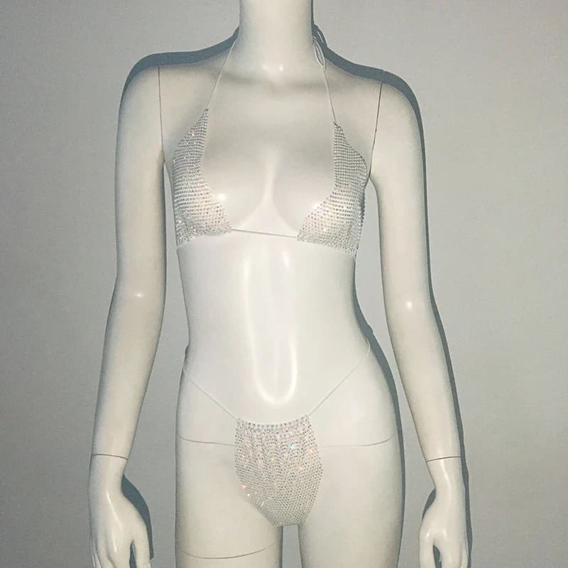 Glitter Rhinestone See-Through Micro Bikini Set | Sexy Thong Swimwear - White AB