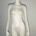 Glitter rhinestone micro bikini set, white AB triangle top and thong bottom on mannequin