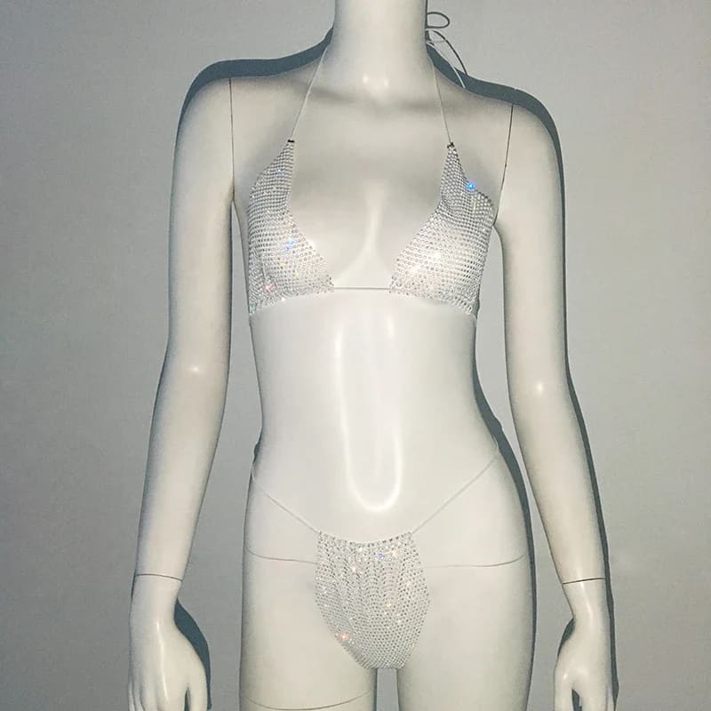 Glitter Rhinestone See-Through Micro Bikini Set | Sexy Thong Swimwear - White / One Size