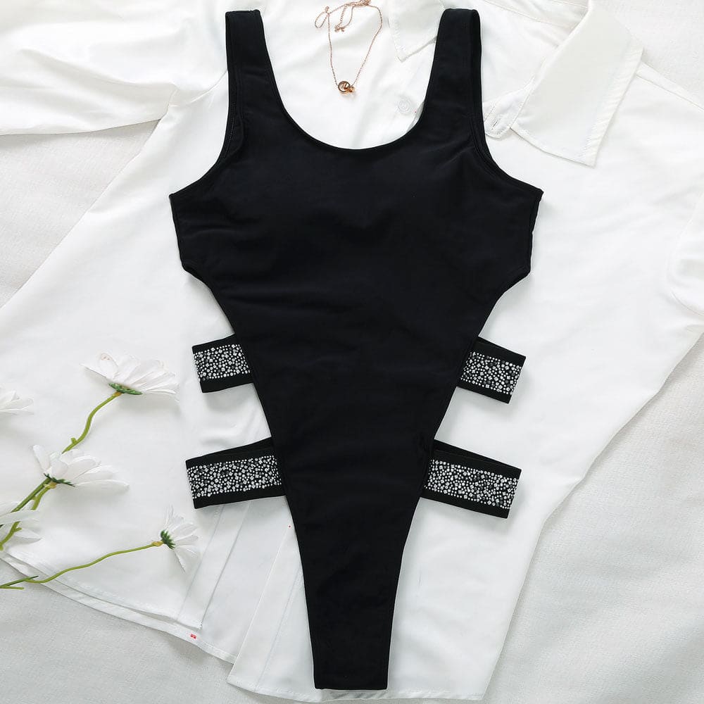 Glittering Crystal High Leg Cut Out One Piece Swimsuit - On sale