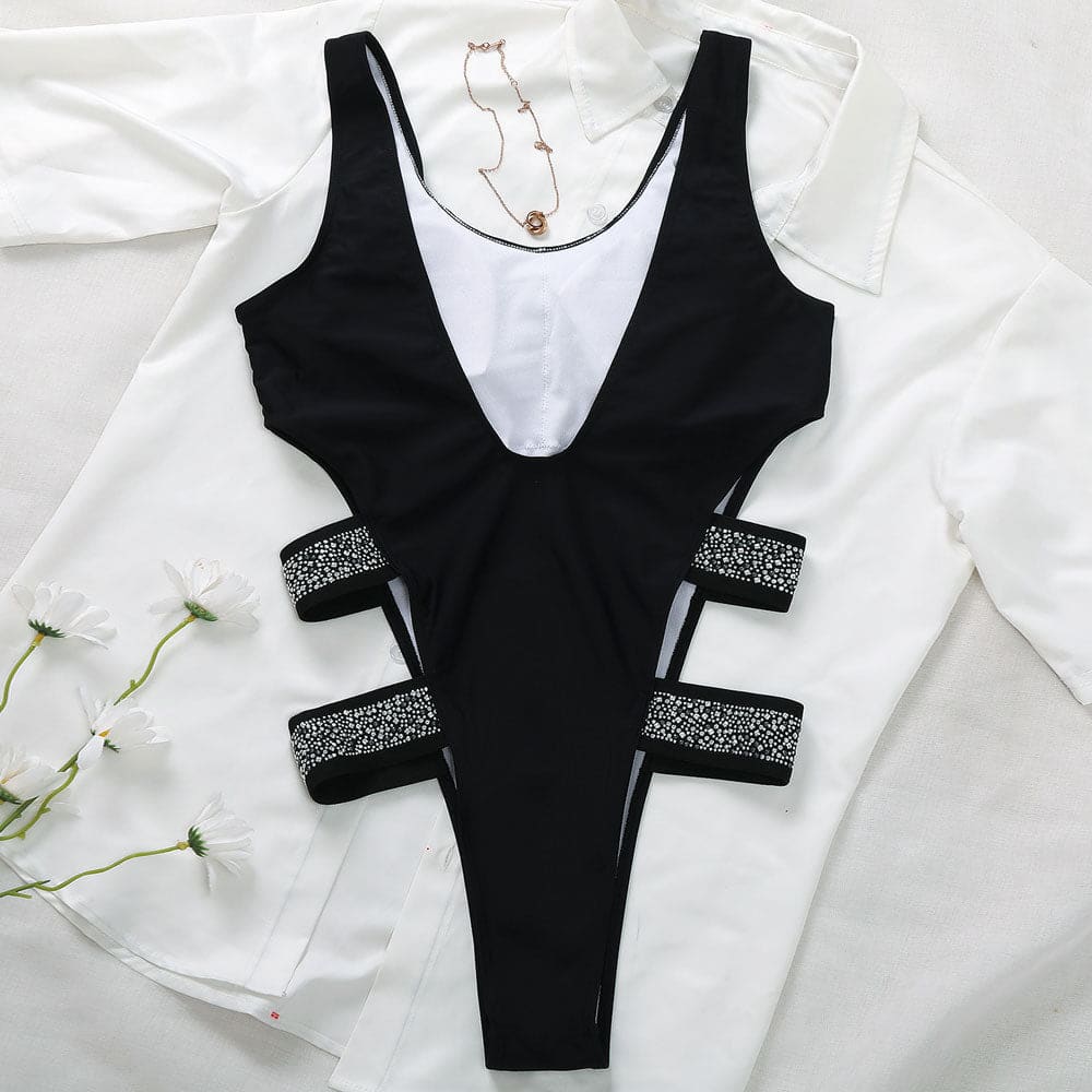 Glittering Crystal High Leg Cut Out One Piece Swimsuit - On sale