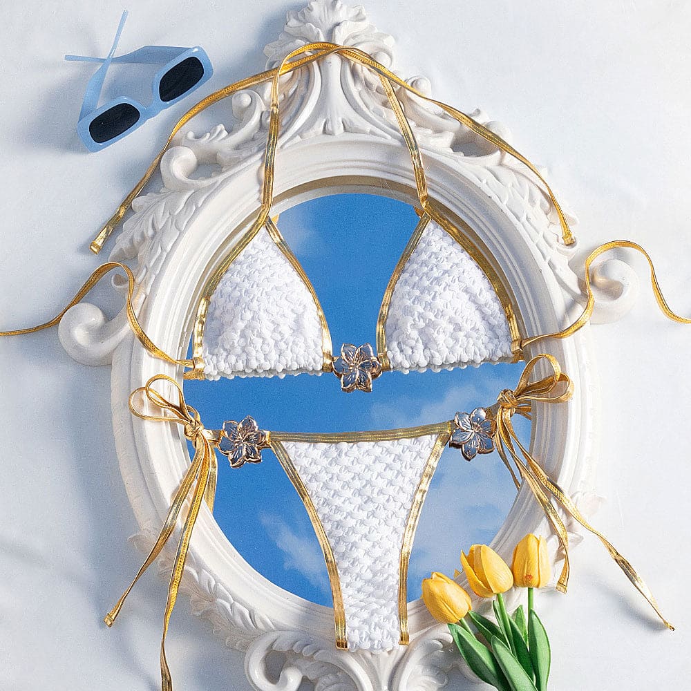 Gold Flower Tie Side Brazilian Textured Bikini Set - On sale