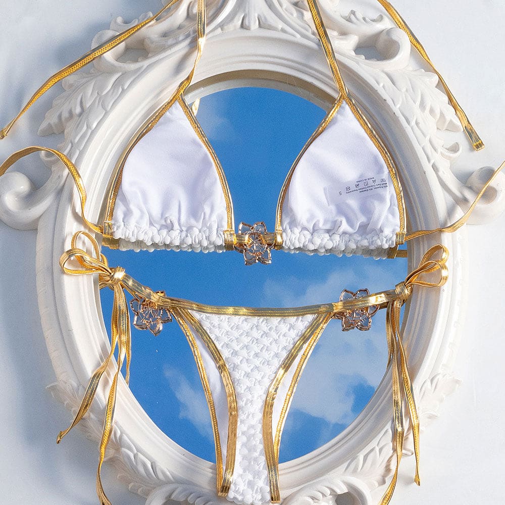 Gold Flower Tie Side Brazilian Textured Bikini Set - On sale