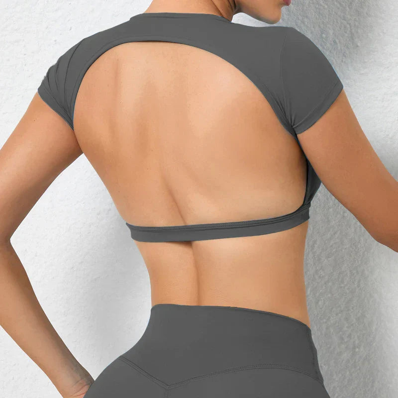 Gray backless sports crop top with elastic underbust band, short sleeves