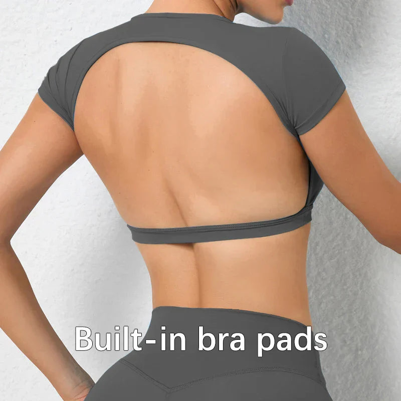 Gray backless sports crop top with built-in bra pads