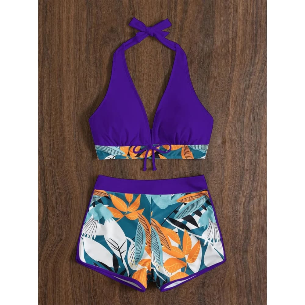 Halter High-Waist Printed Short Bikini Set - On sale