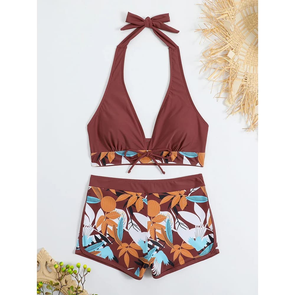 Halter High-Waist Printed Short Bikini Set - On sale