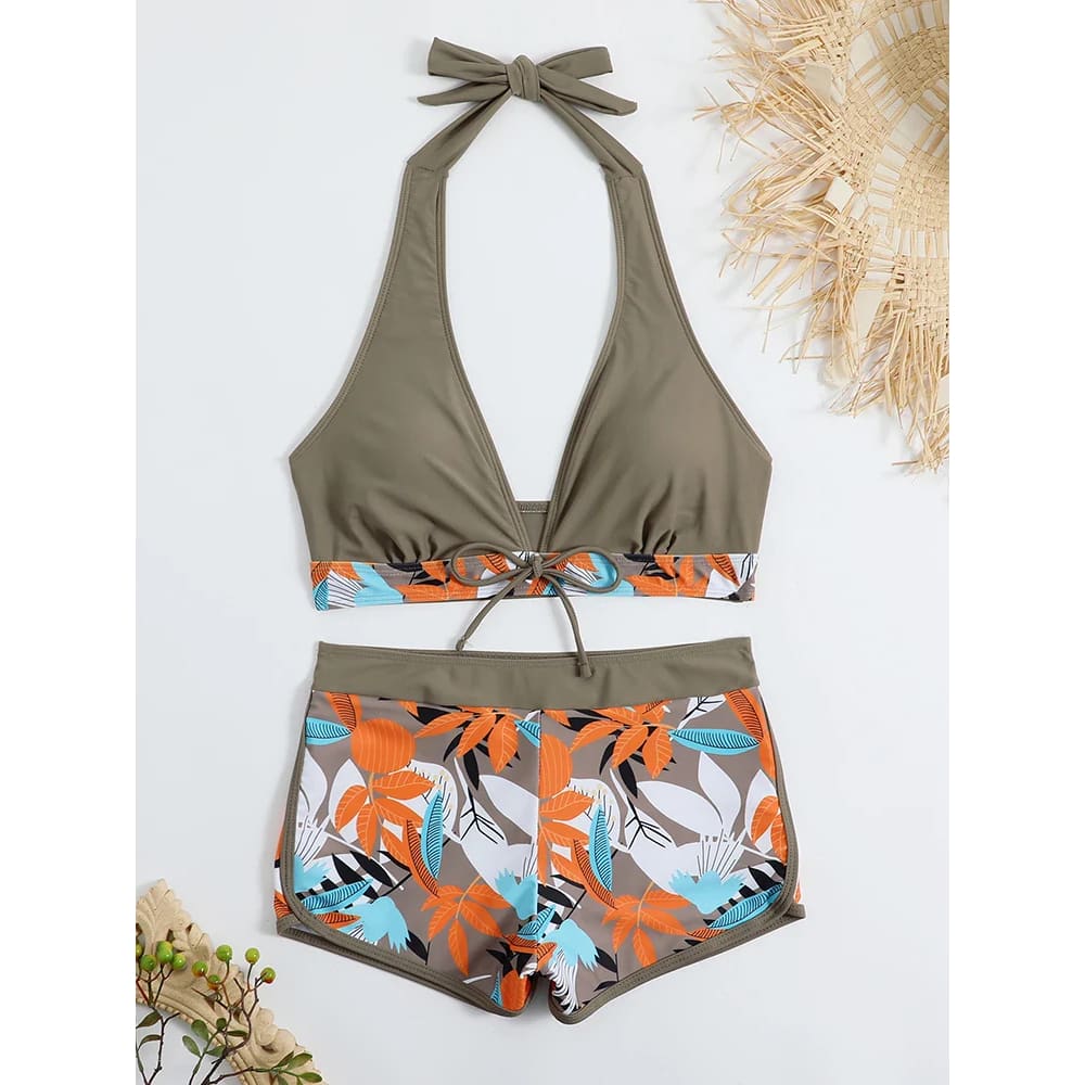 Halter High-Waist Printed Short Bikini Set - On sale