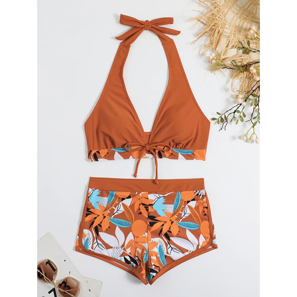 Halter High-Waist Printed Short Bikini Set - On sale