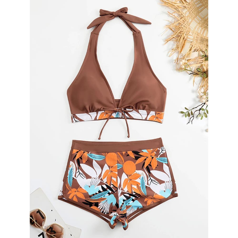 Halter High-Waist Printed Short Bikini Set - On sale