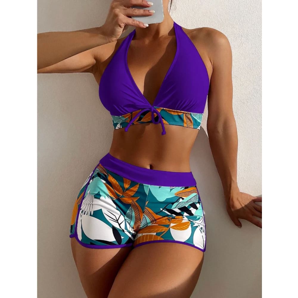Halter High-Waist Printed Short Bikini Set - On sale