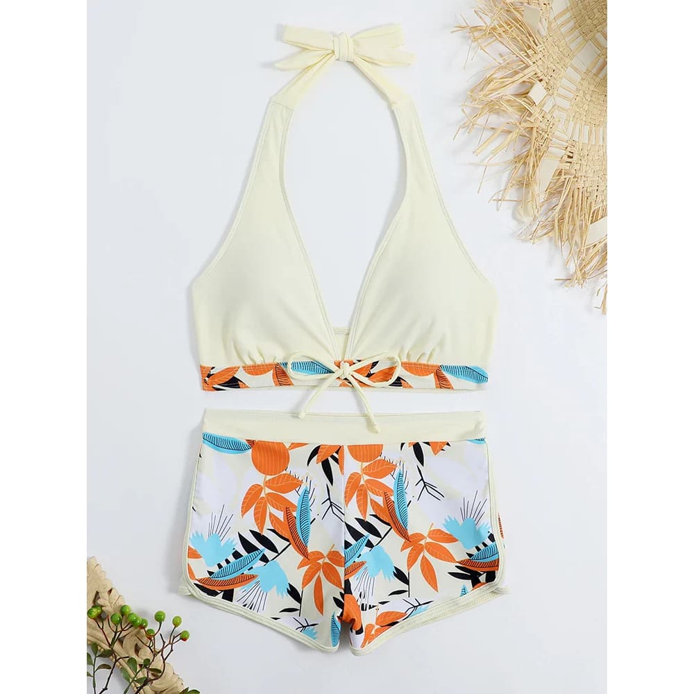 Halter High-Waist Printed Short Bikini Set - On sale