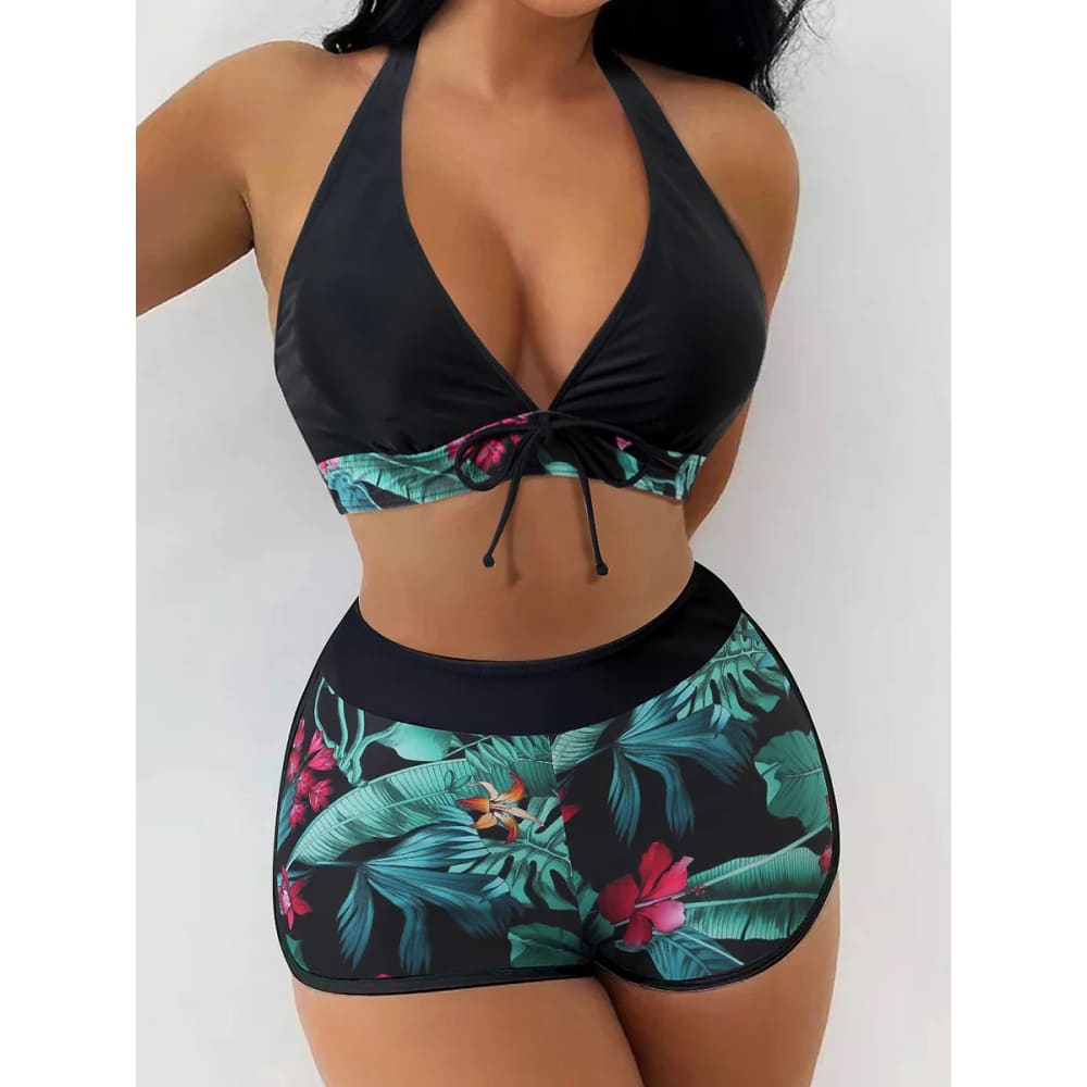 Halter High-Waist Printed Short Bikini Set - On sale