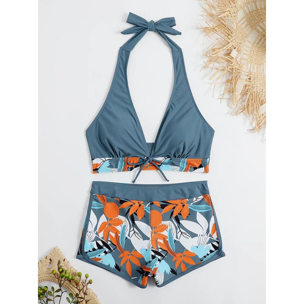 Halter High-Waist Printed Short Bikini Set - On sale