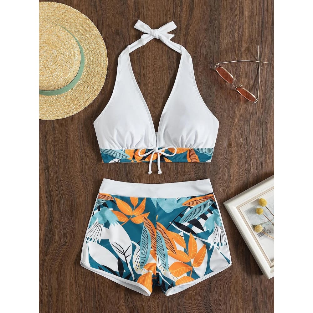 Halter High-Waist Printed Short Bikini Set - BAI / M On sale