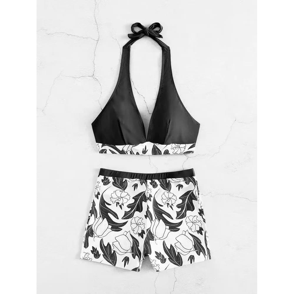 Halter High-Waist Printed Short Bikini Set - Black 1 / S On sale