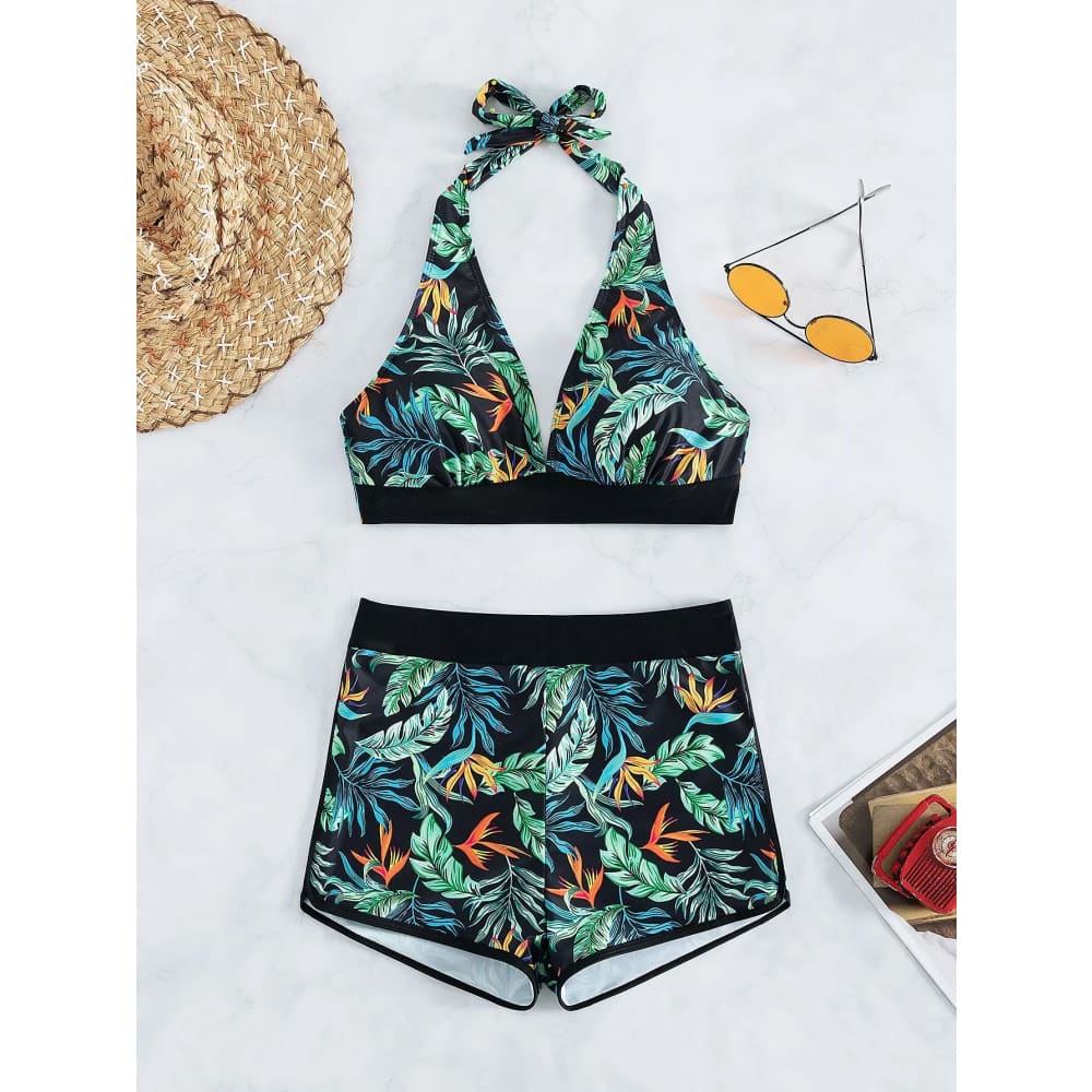 Halter High-Waist Printed Short Bikini Set - Black / M On sale