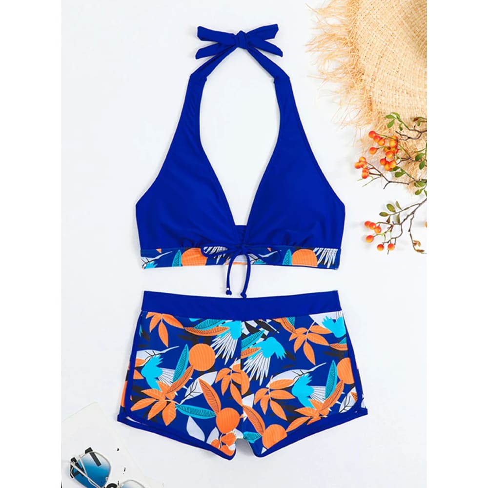 Halter High-Waist Printed Short Bikini Set - BLAN / S On sale