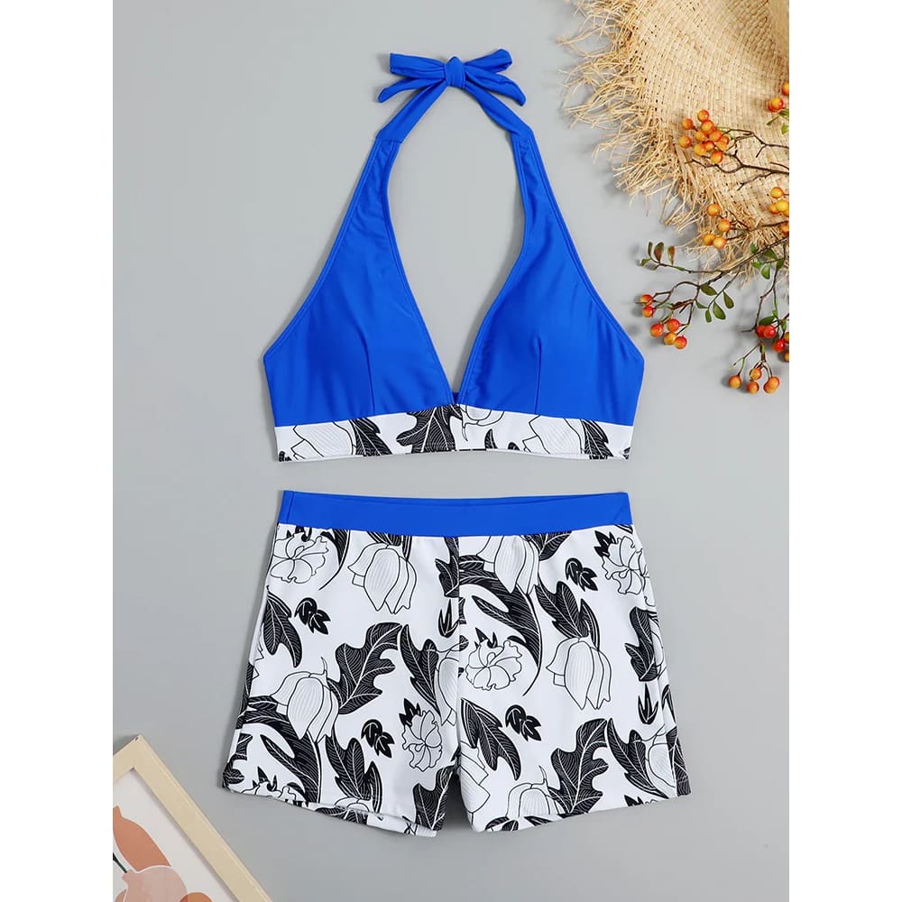 Halter High-Waist Printed Short Bikini Set - Blue 1 / XL On sale