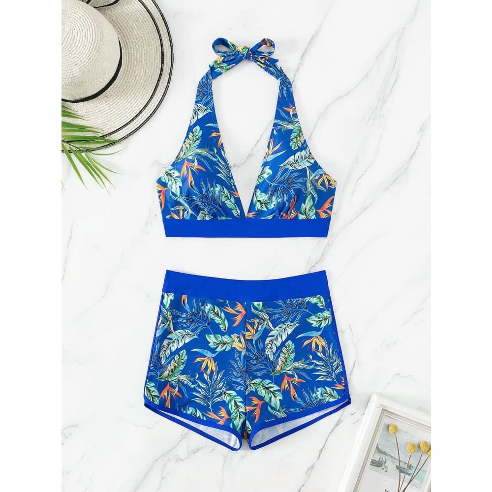 Halter High-Waist Printed Short Bikini Set - Blue / M On sale