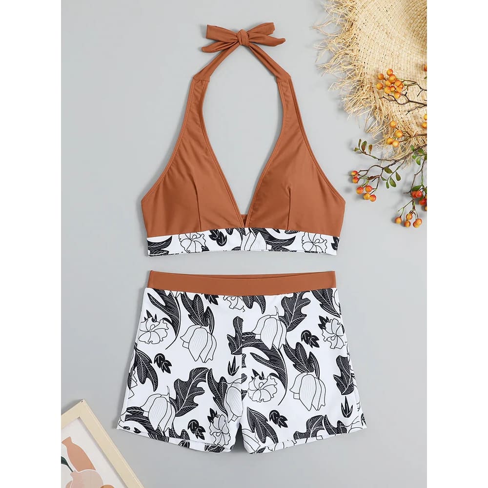 Halter High-Waist Printed Short Bikini Set - Brown / S On sale