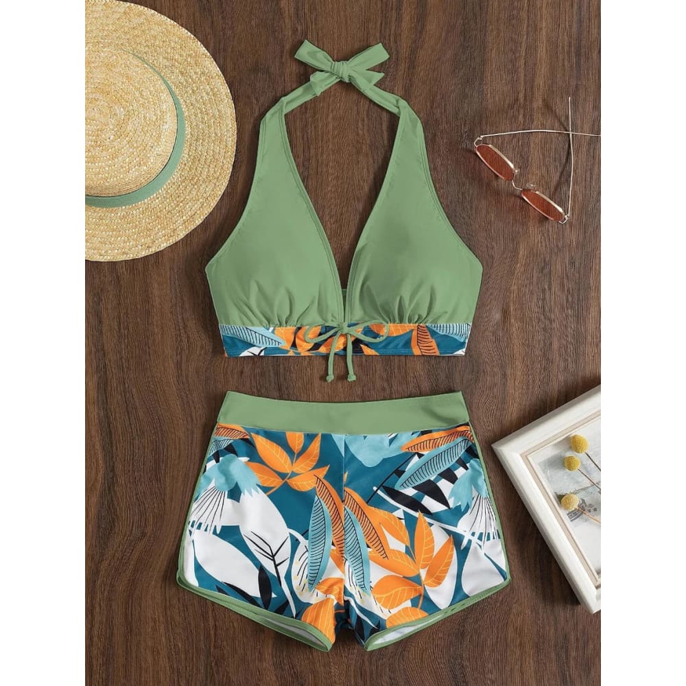 Halter High-Waist Printed Short Bikini Set - CLV / M On sale