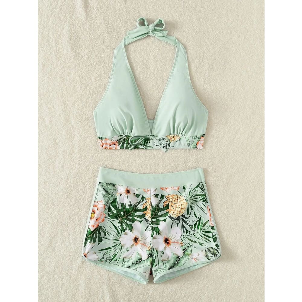 Halter High-Waist Printed Short Bikini Set - DLV / M On sale