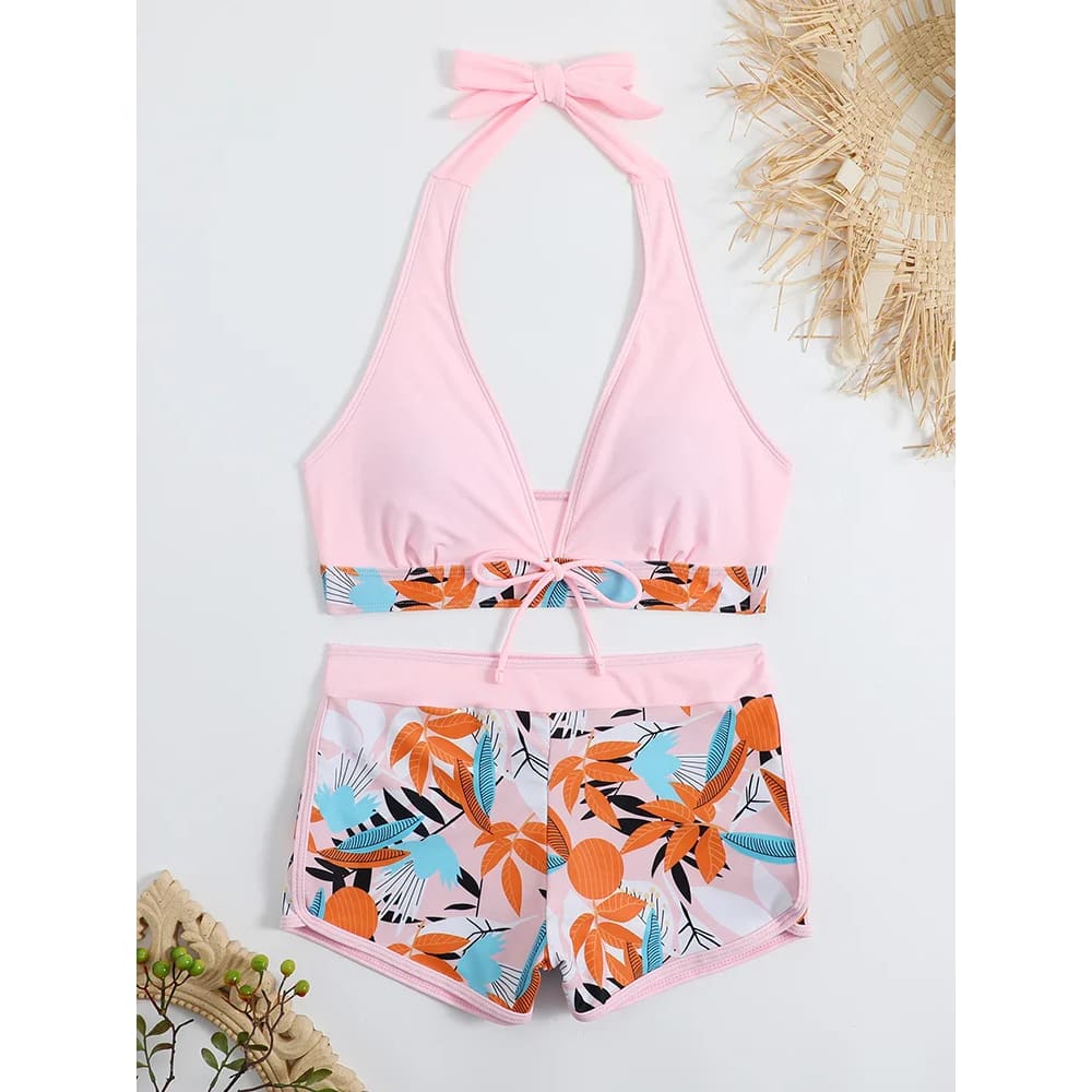 Halter High-Waist Printed Short Bikini Set - FEN 1 / M On sale