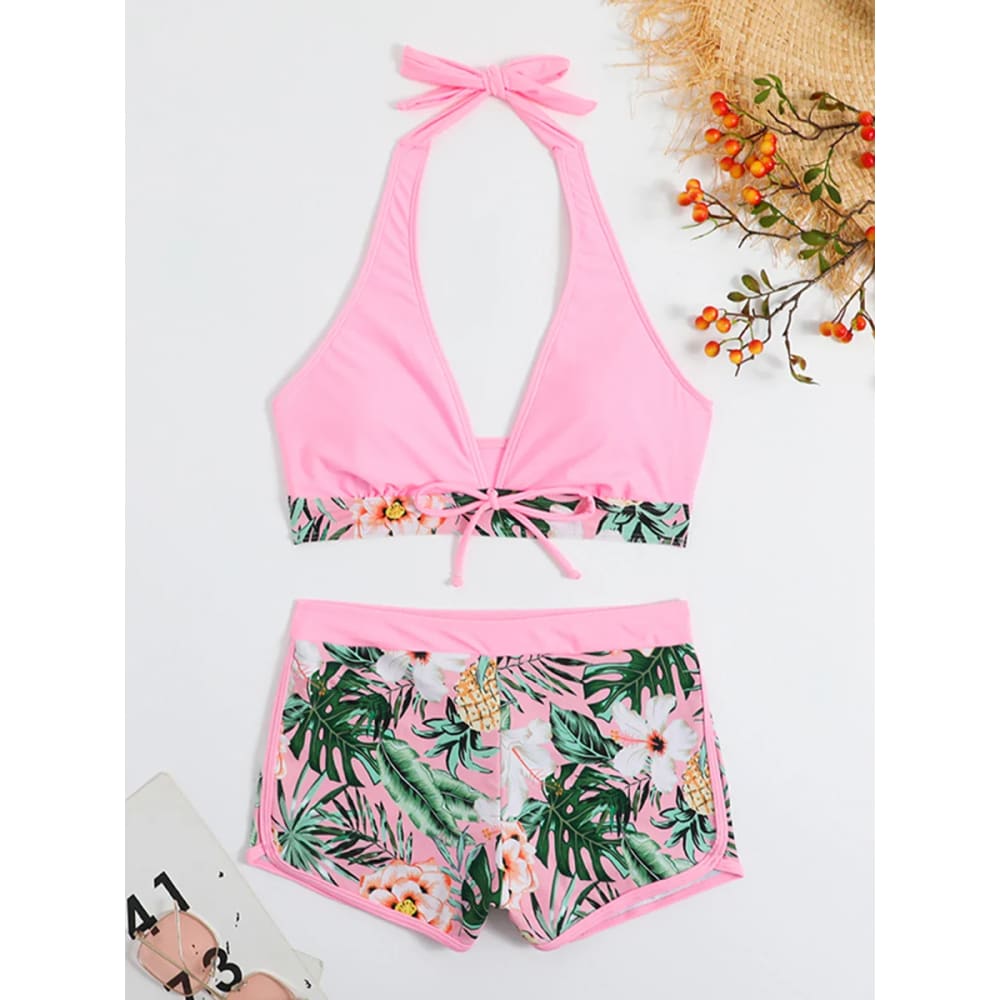 Halter High-Waist Printed Short Bikini Set - FEN / S On sale