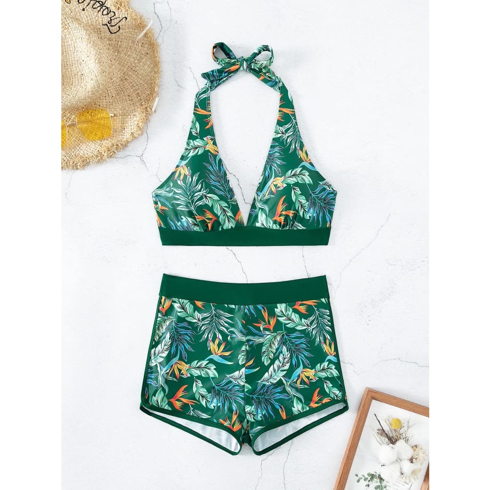 Halter High-Waist Printed Short Bikini Set - Green 1 / M On sale
