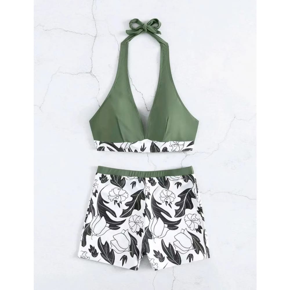 Halter High-Waist Printed Short Bikini Set - Green / XL On sale