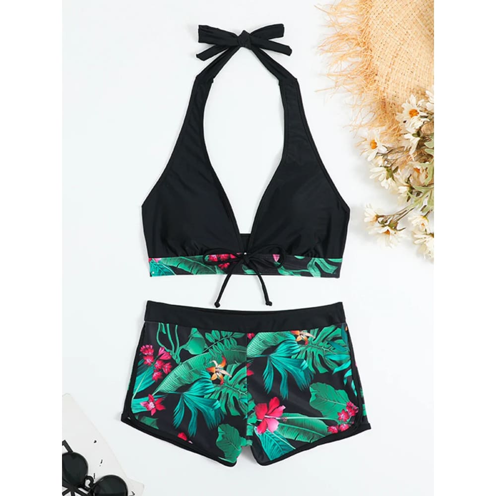 Halter High-Waist Printed Short Bikini Set - HEI2 / S On sale