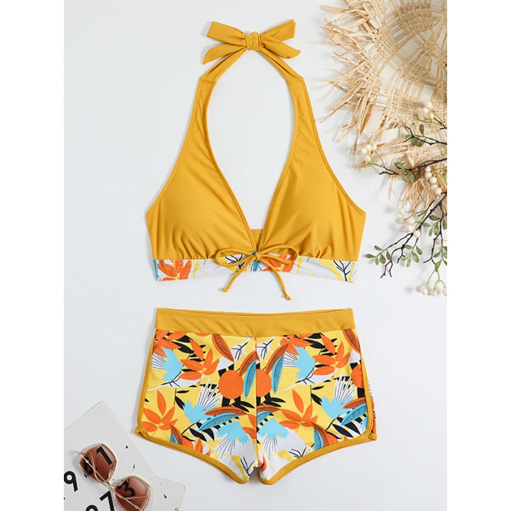 Halter High-Waist Printed Short Bikini Set - HUS / S On sale
