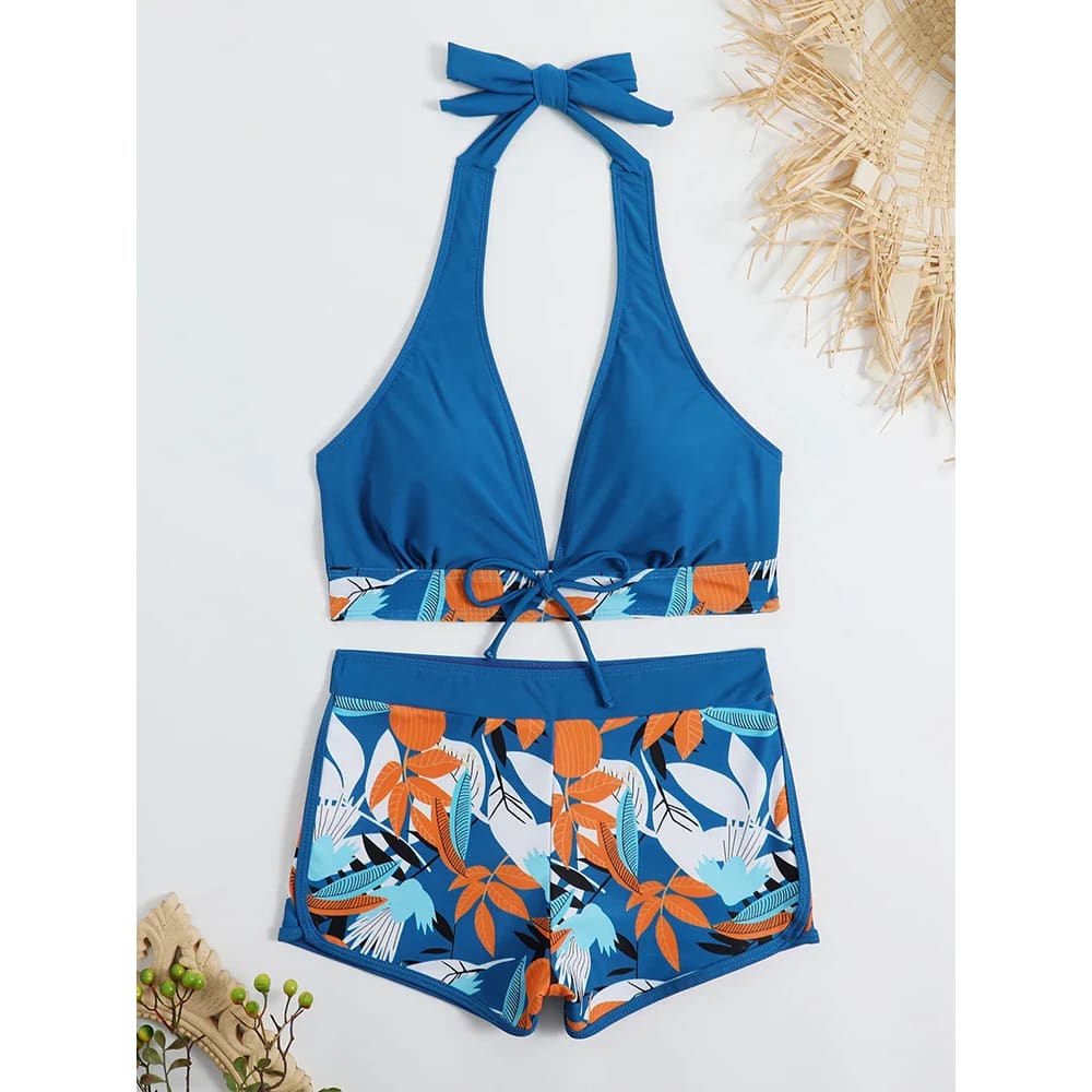 Halter High-Waist Printed Short Bikini Set - LAN / XL On sale